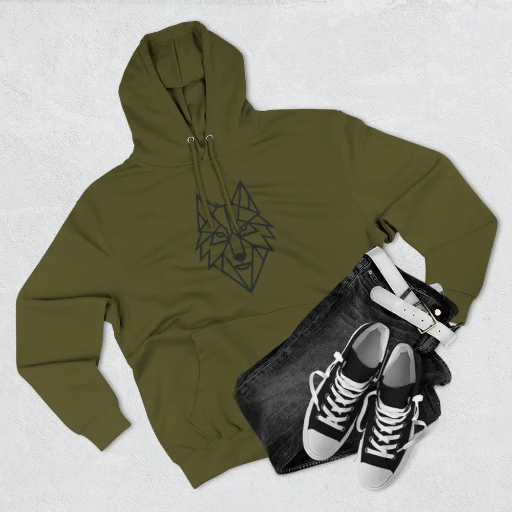 Olive green stylish wolf graphic unisex hoodie with geometric wolf face for outdoor adventures