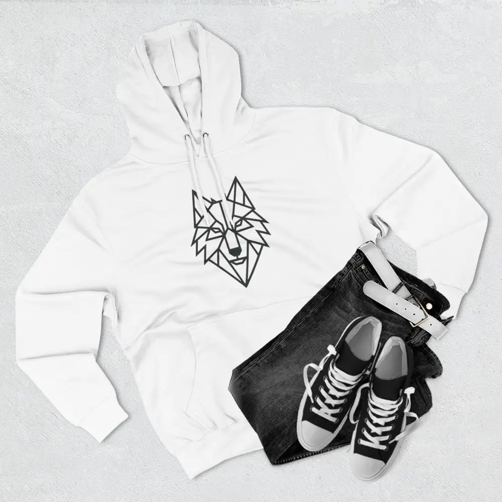 White hoodie with a stylish wolf graphic design, perfect for outdoor adventures and winter fashion