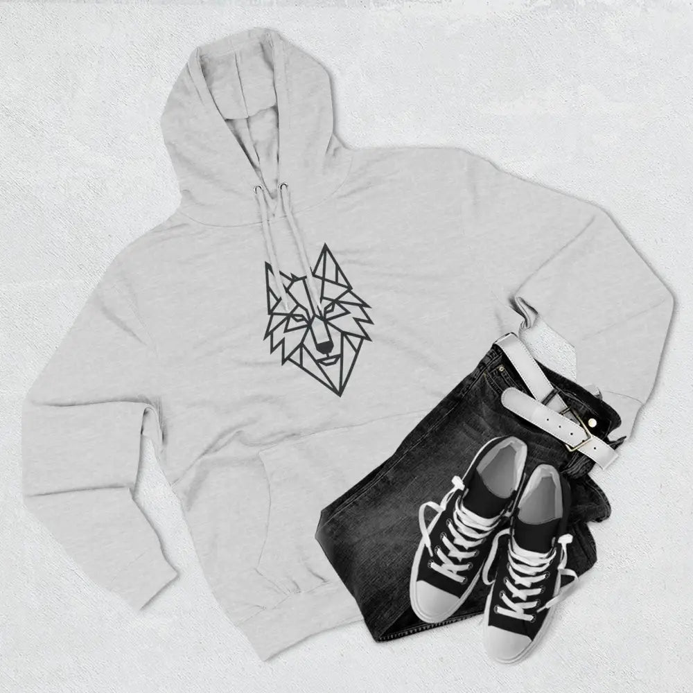 White hooded sweatshirt with a stylish wolf graphic design, perfect for outdoor adventures