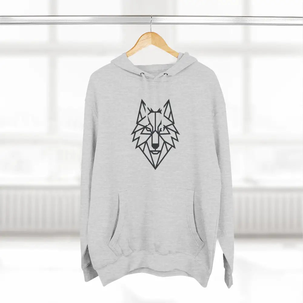 White hooded sweatshirt with a stylish wolf graphic design, perfect for outdoor adventures