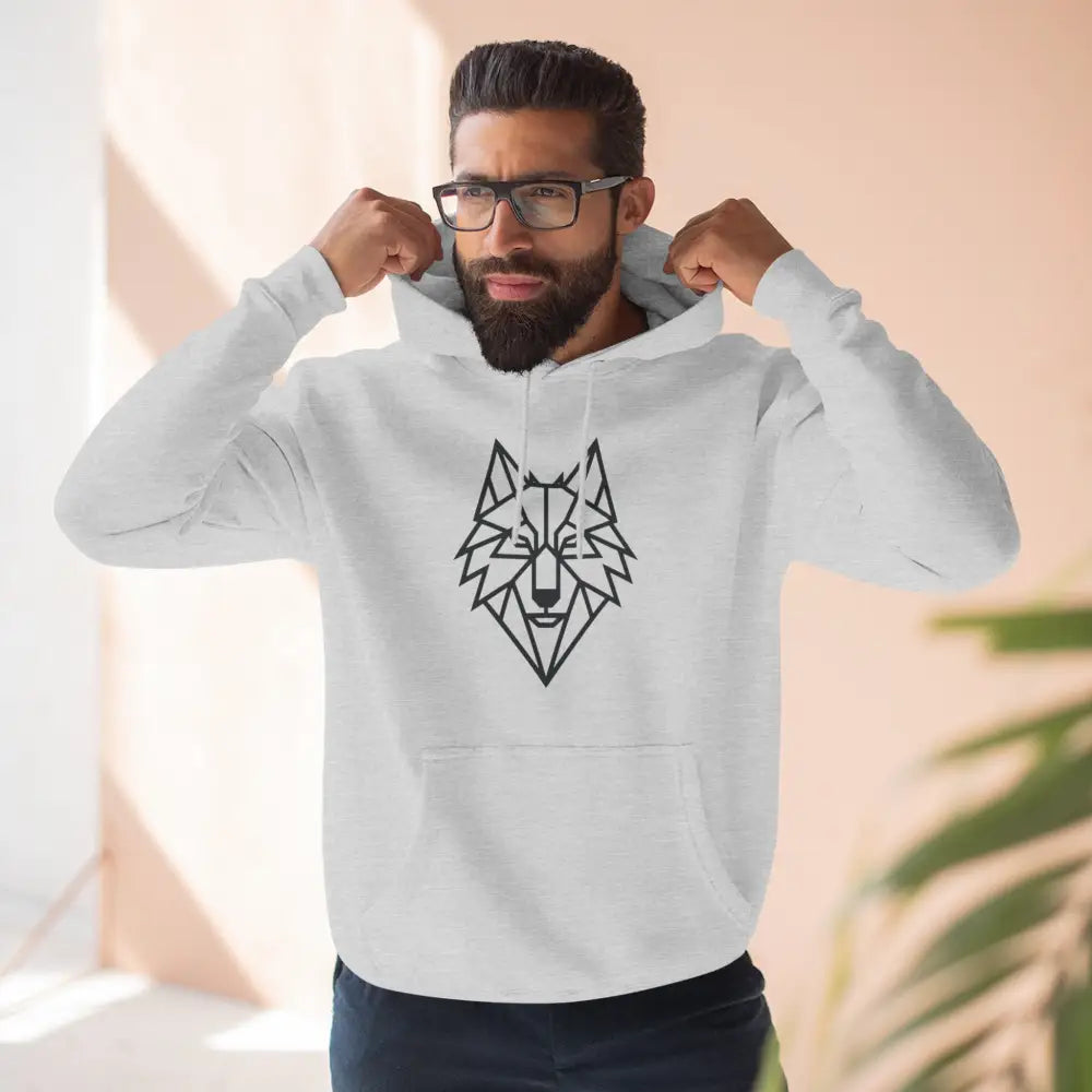 White hoodie with a stylish wolf graphic design, perfect for outdoor adventures and unisex wear
