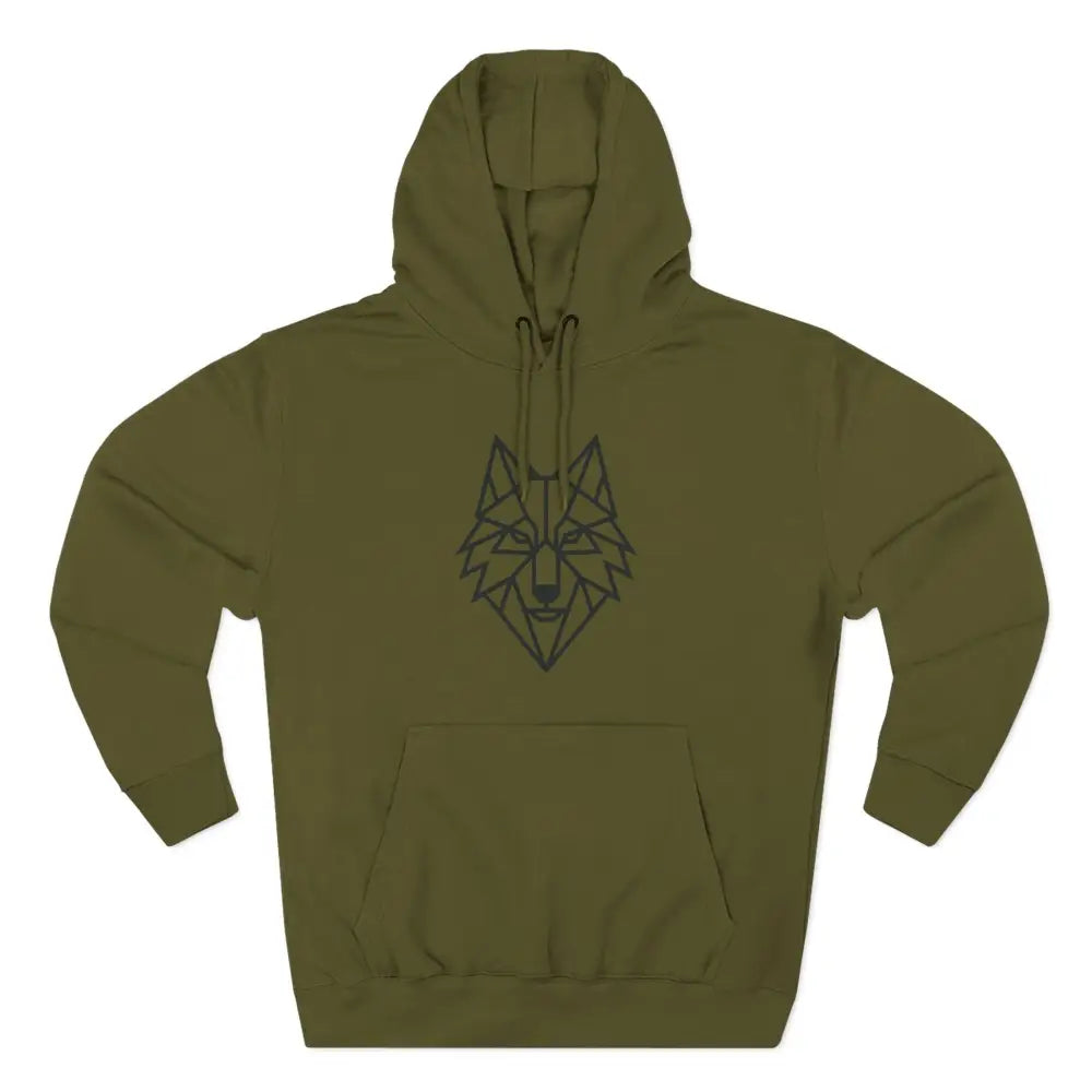 Olive green stylish wolf graphic unisex hoodie with geometric wolf face for outdoor adventures