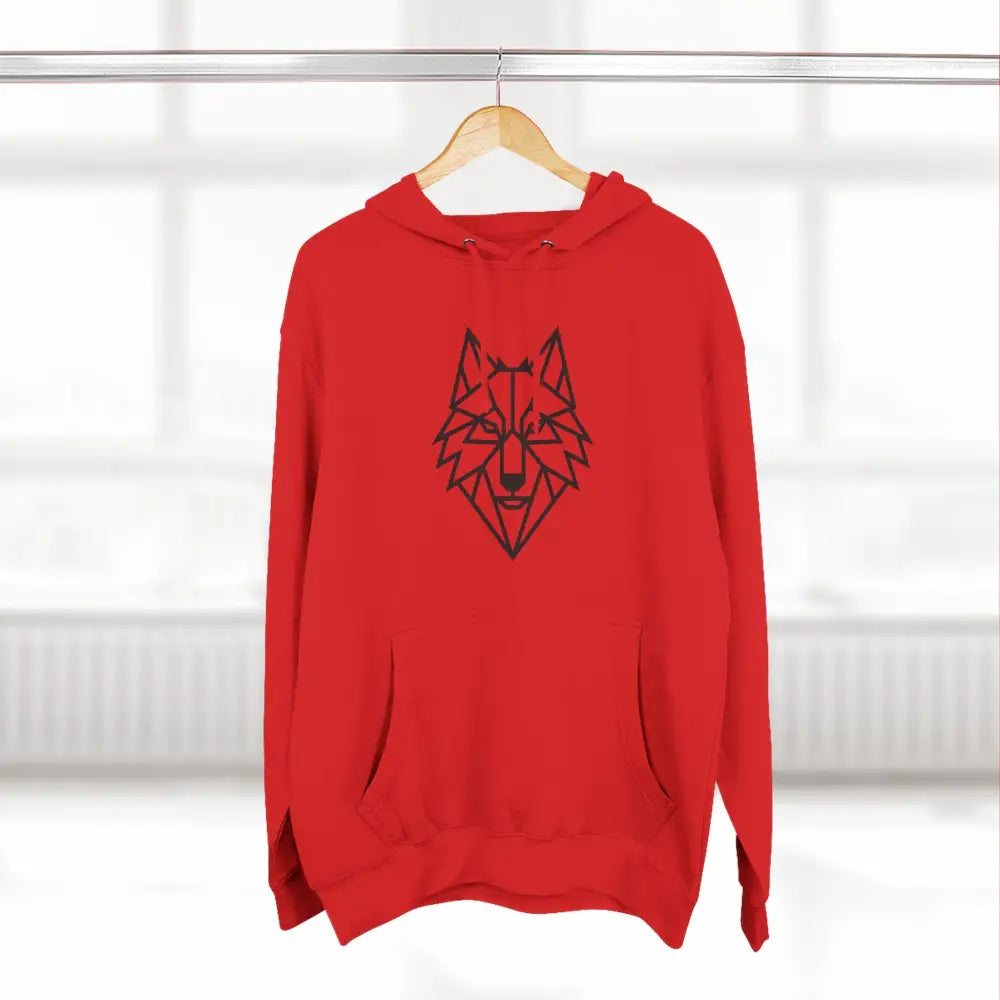 Red hoodie with stylish wolf graphic design, perfect for outdoor adventures and unisex wear