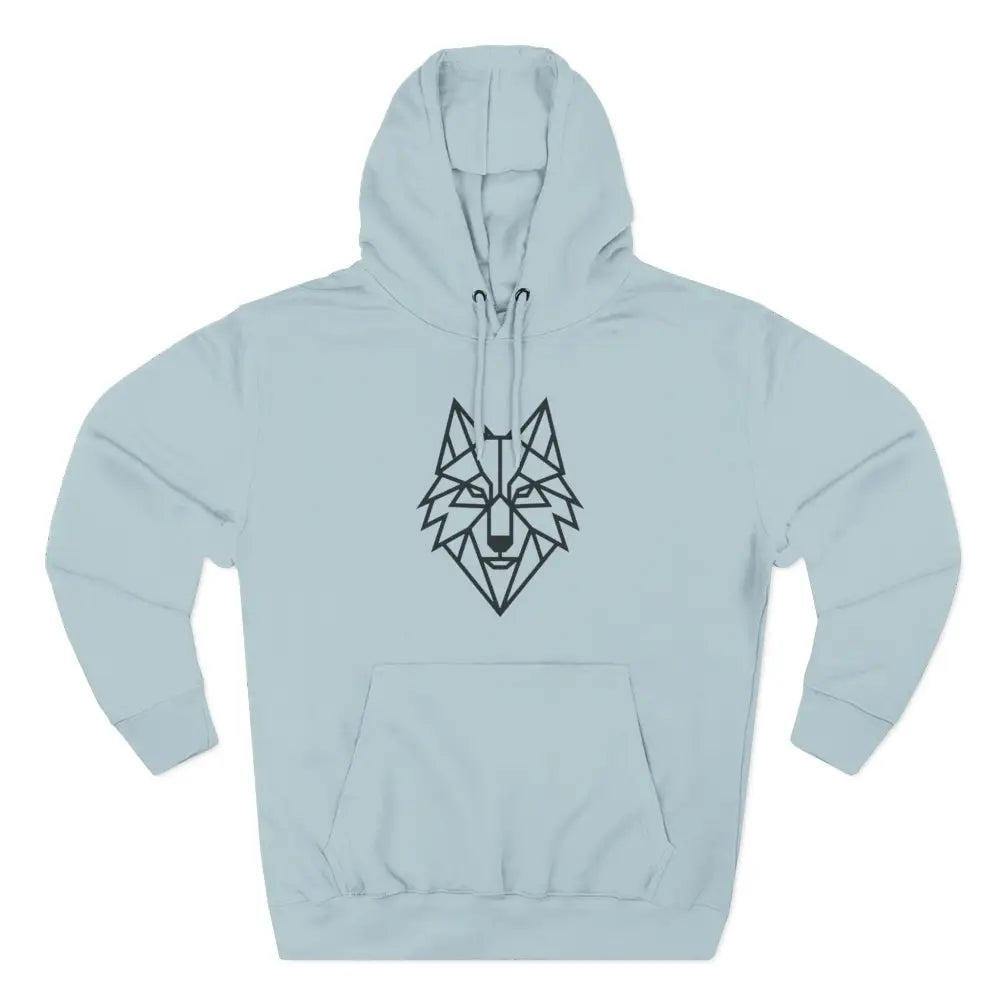 Light blue stylish wolf graphic unisex hoodie with black geometric wolf design for outdoor adventures
