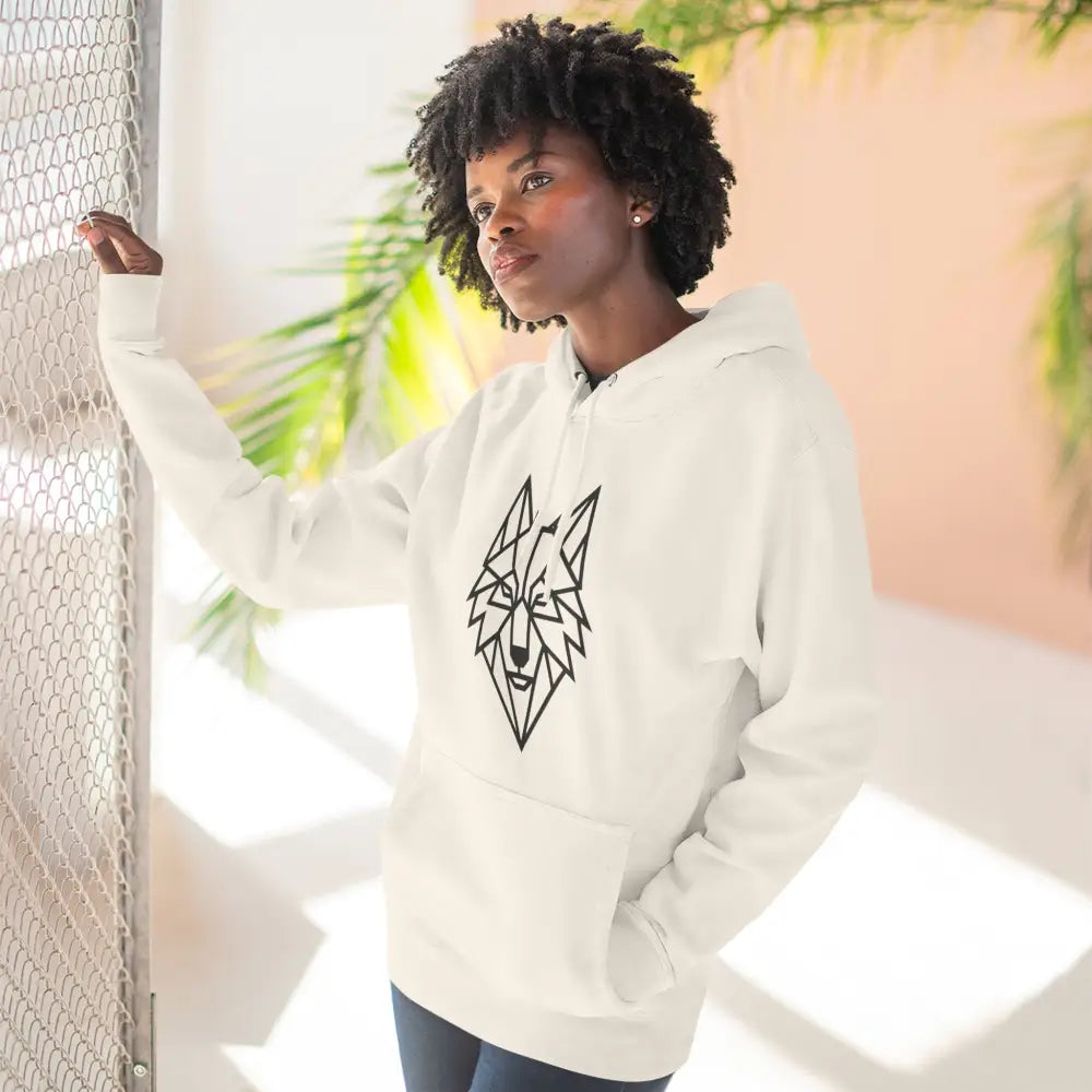 White hoodie with stylish wolf graphic design, perfect for outdoor adventures and unisex wear