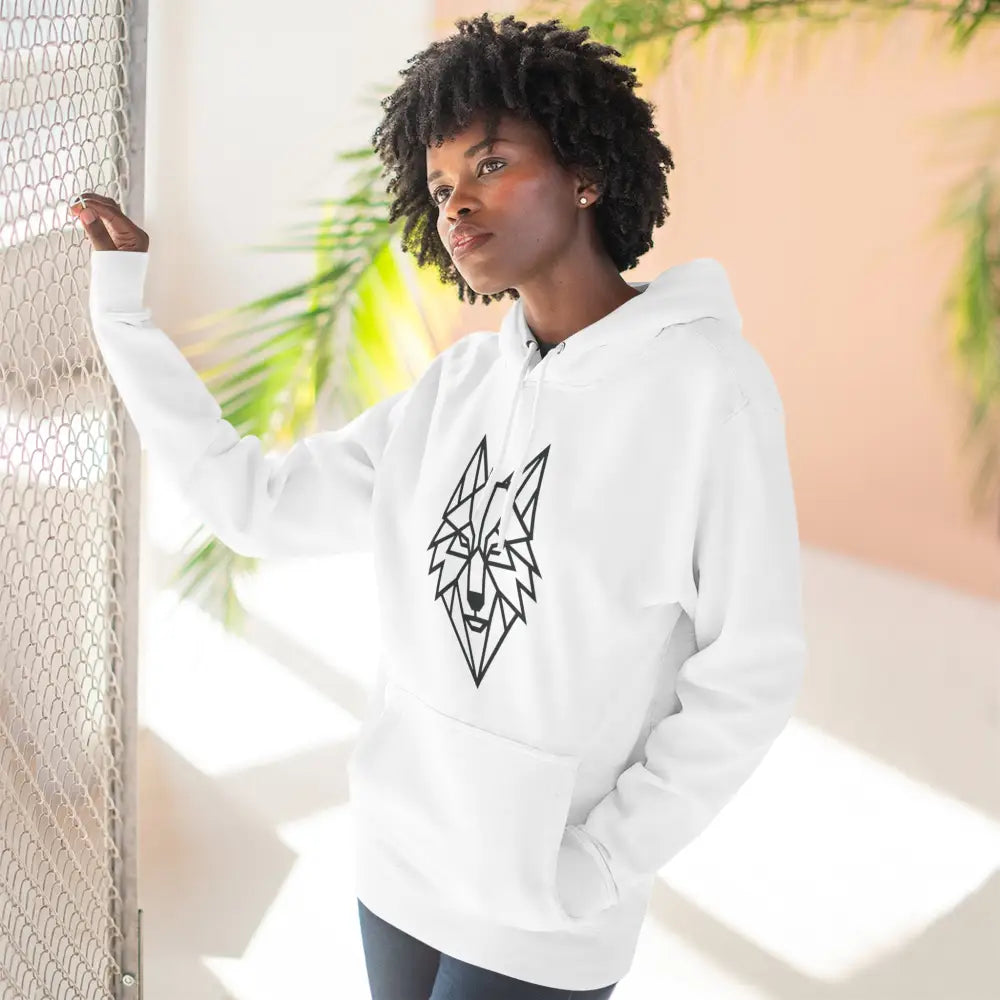 White hooded sweatshirt with a stylish wolf graphic, perfect for outdoor adventures