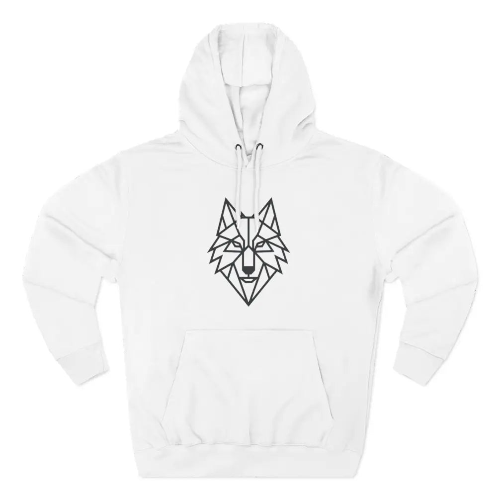 White pullover hoodie with stylish wolf graphic and black geometric wolf head design for outdoor adventures