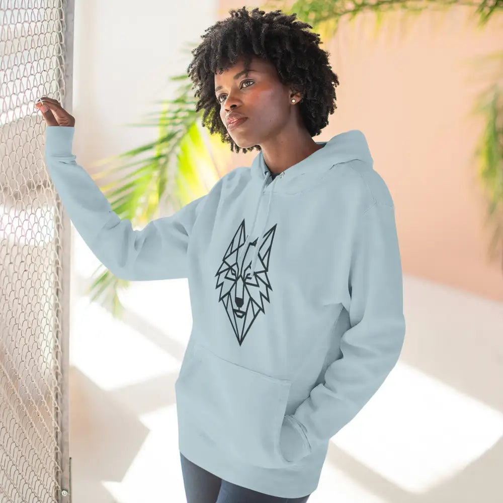 Light blue stylish wolf graphic unisex hoodie with black geometric wolf design for outdoor adventures