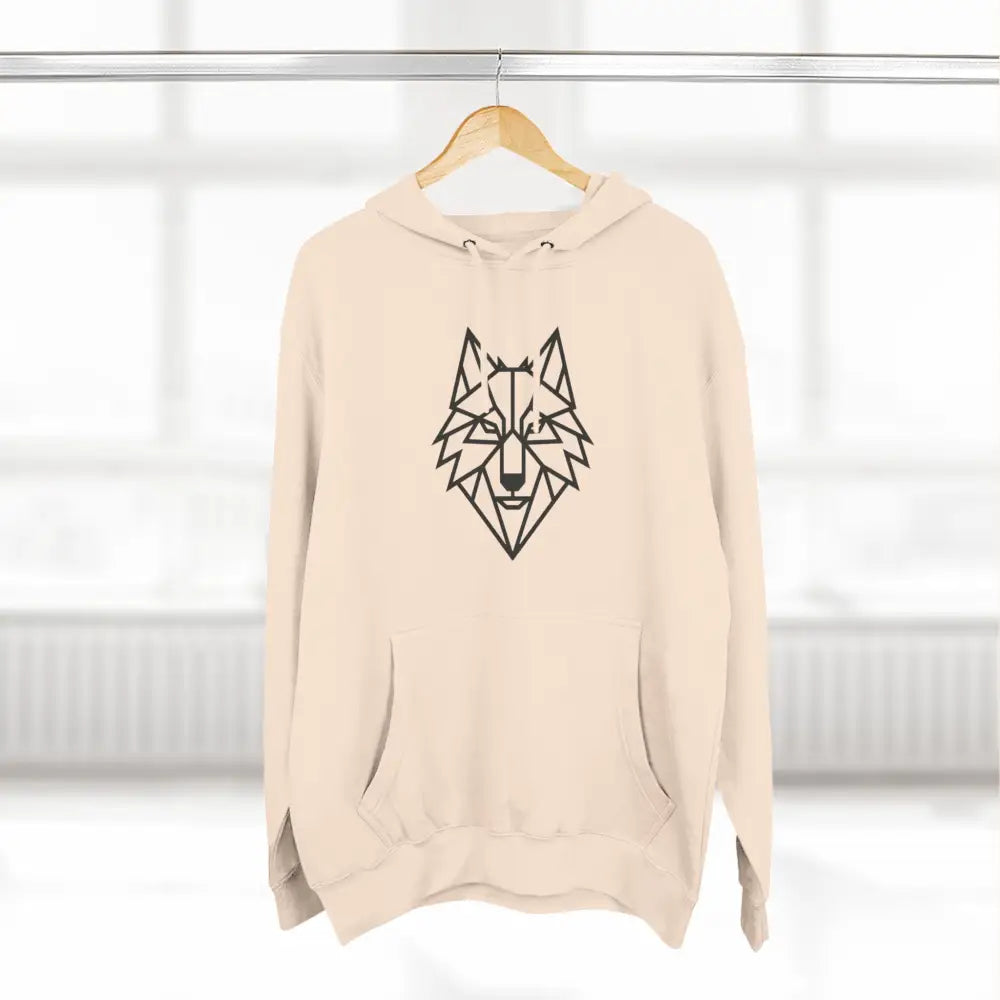 Cream-colored stylish wolf graphic unisex hoodie perfect for outdoor adventures and winter fashion