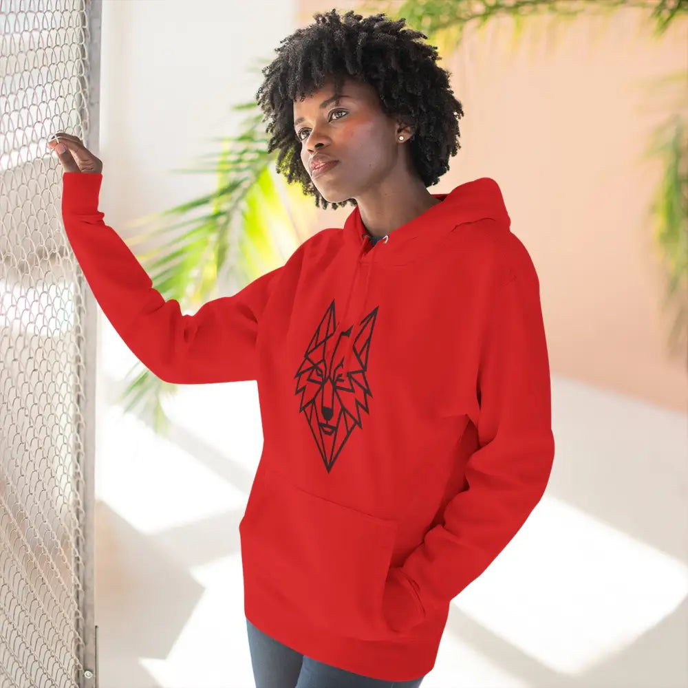 Red hooded sweatshirt with stylish wolf graphic, perfect for outdoor adventures and winter fashion