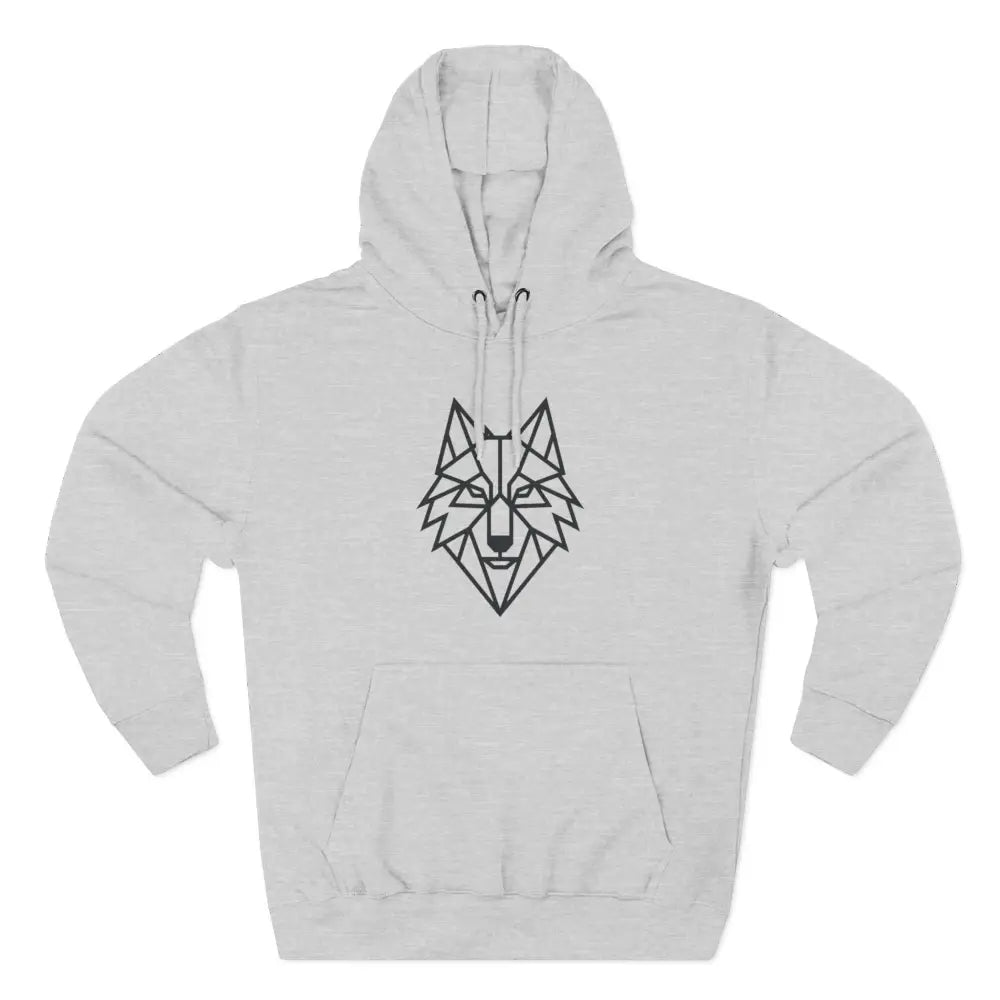 Light grey stylish wolf graphic unisex hoodie with black geometric wolf design for outdoor adventures
