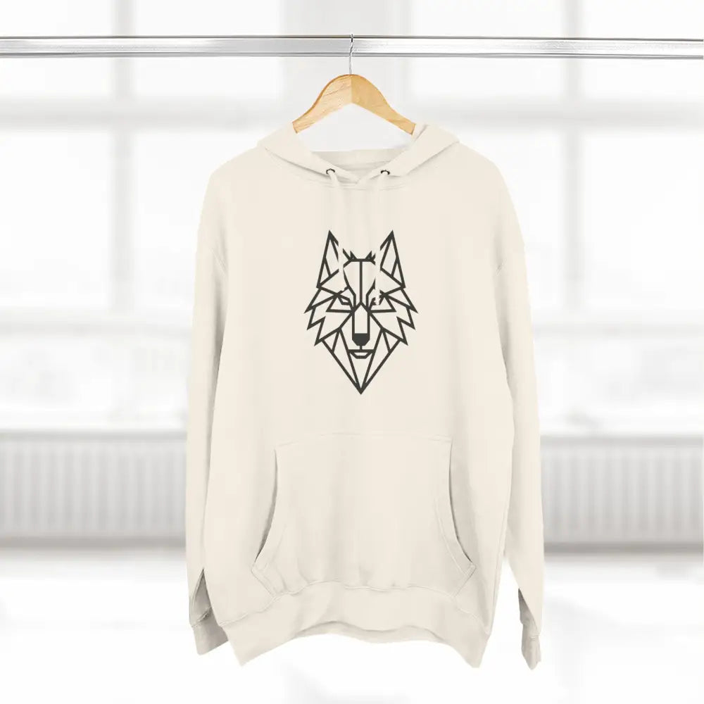 Cream-colored stylish wolf graphic unisex hoodie with black geometric wolf design for outdoor adventures
