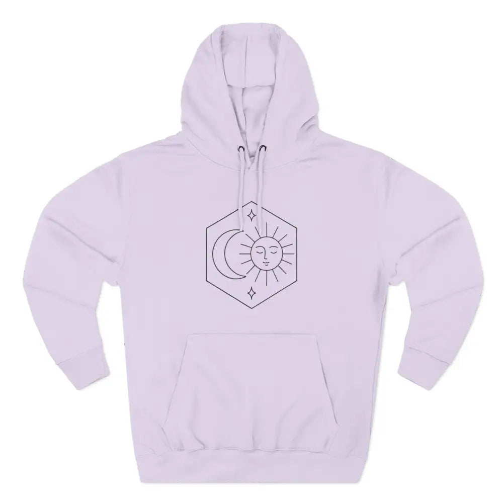 Light purple fleece hoodie with celestial moon and sun design, cozy fleece sweatshirt