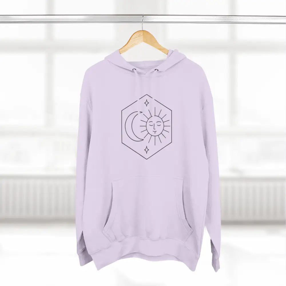 Light purple fleece hoodie with sun and moon graphic, cozy fleece unisex pullover