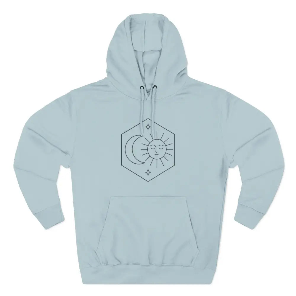 Light blue fleece hoodie with celestial sun and moon graphic, cozy fleece sweatshirt