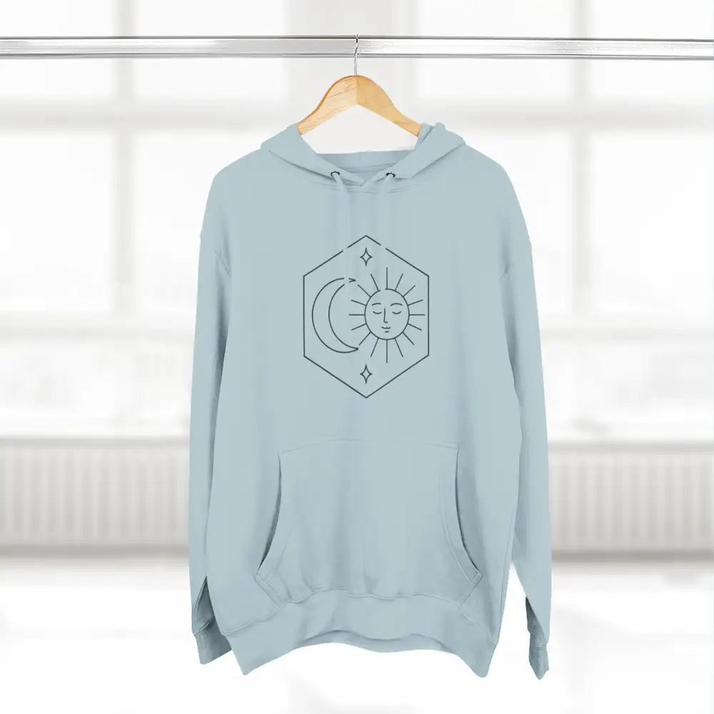 Light blue fleece hoodie with sun and moon graphic, cozy fleece sweatshirt for unisex style