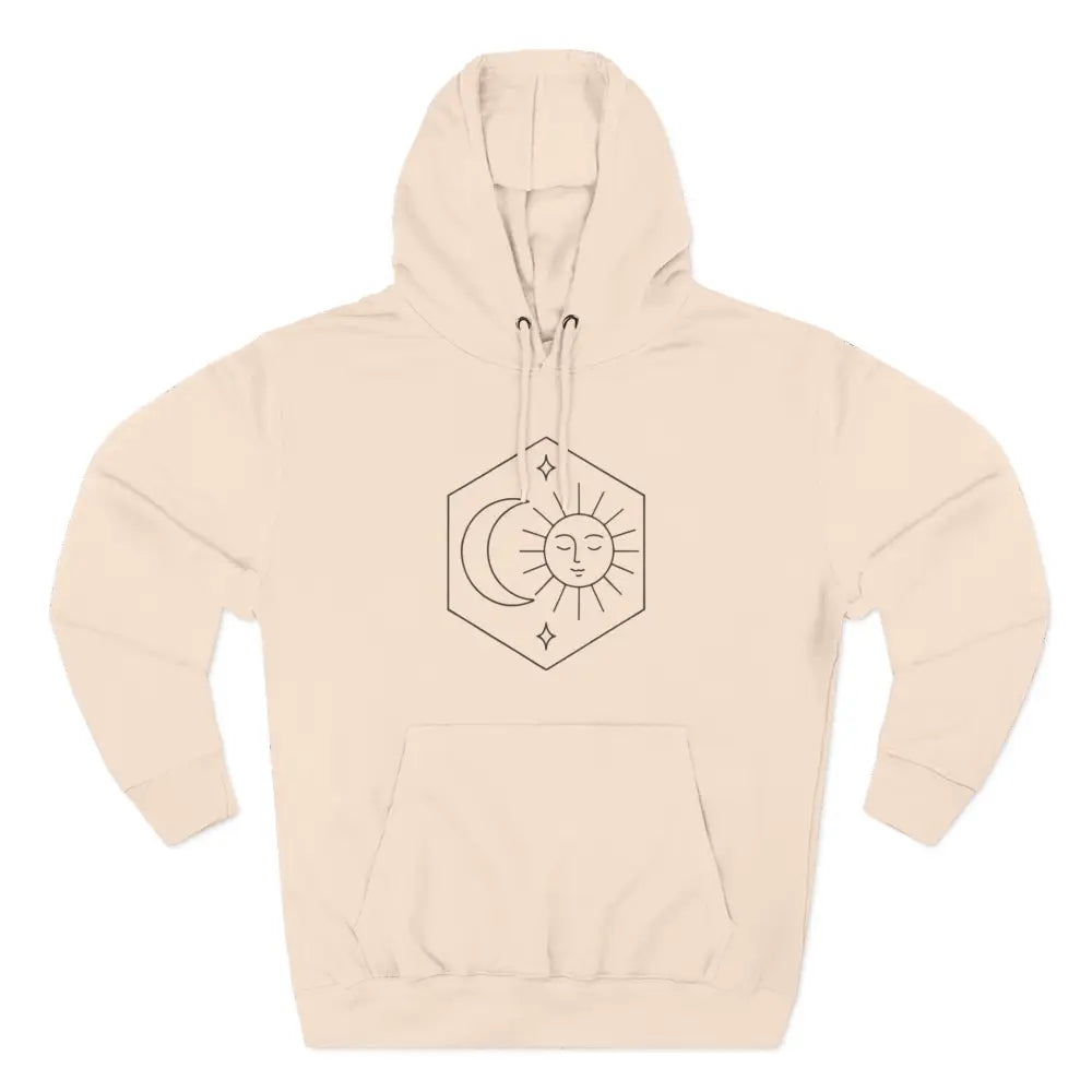 Light beige Sun and Moon graphic fleece hoodie with cozy fleece material, unisex pullover