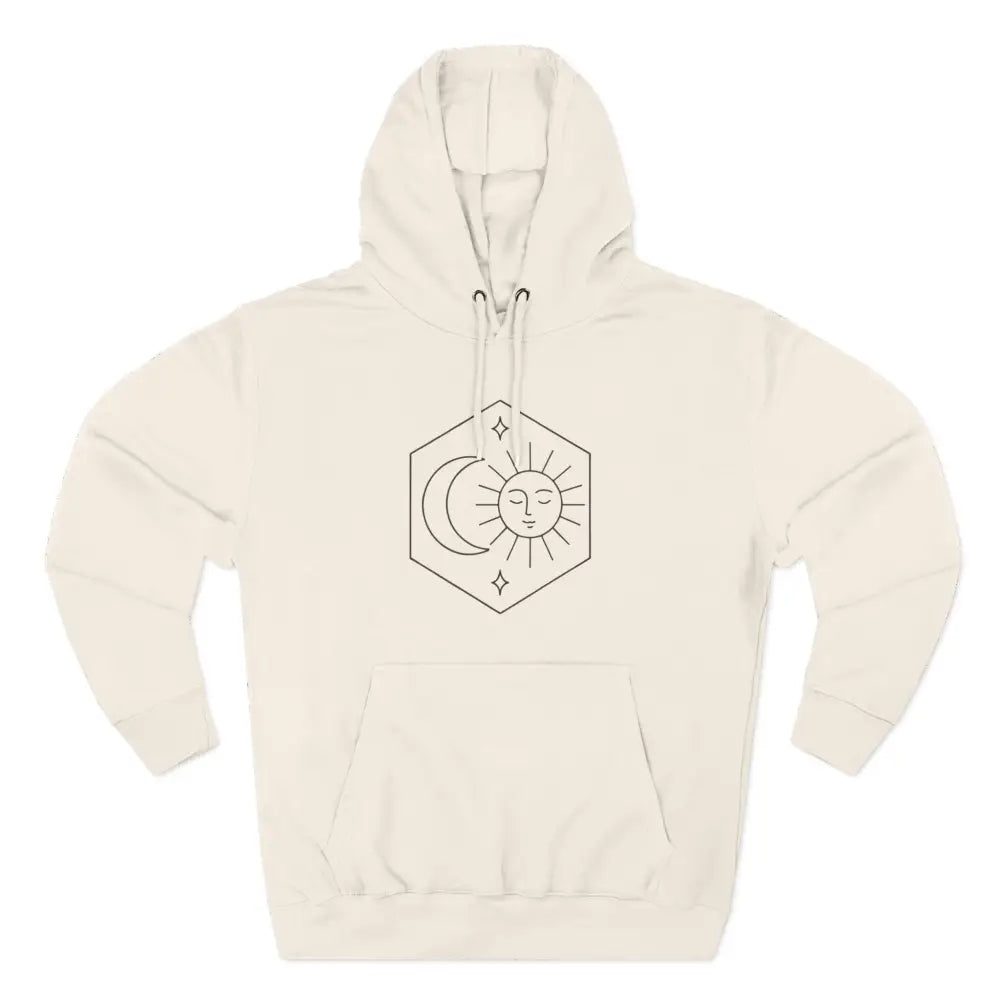 Cream-colored fleece hoodie with sun and moon graphic, cozy fleece sweatshirt for unisex wear