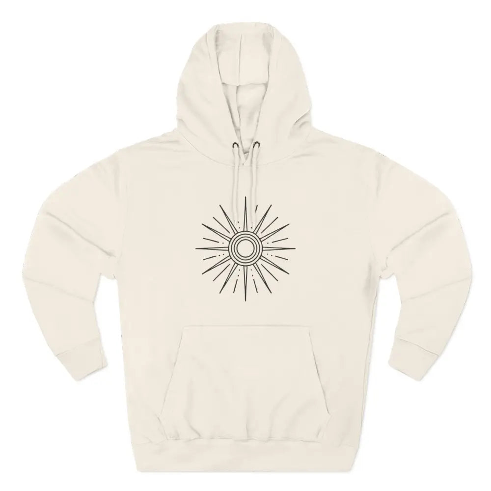 Light beige fleece hoodie with sun design, spacious kangaroo pocket, perfect for winter layering