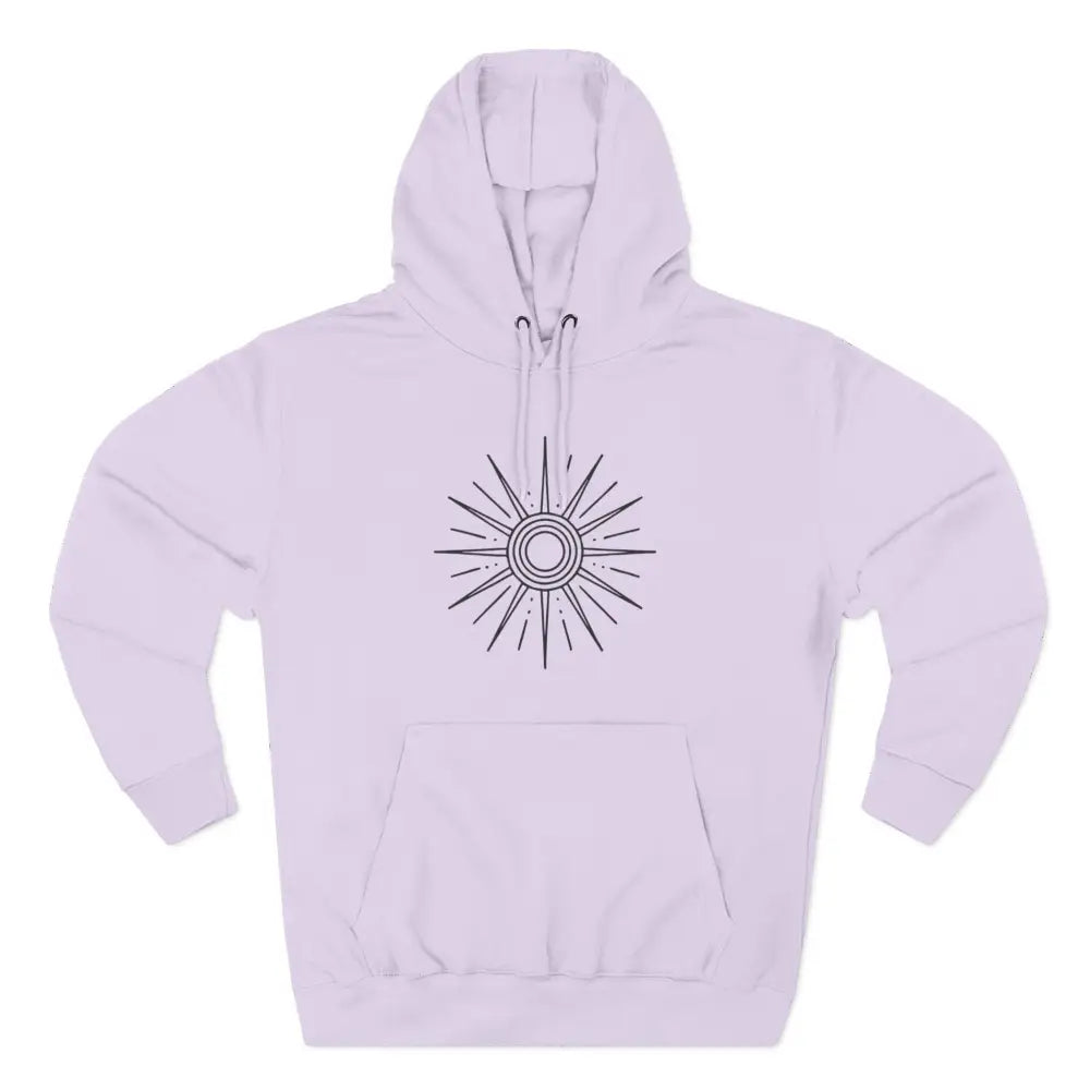 Light purple fleece hoodie with sunburst design, spacious kangaroo pocket, perfect for winter outdoor adventures