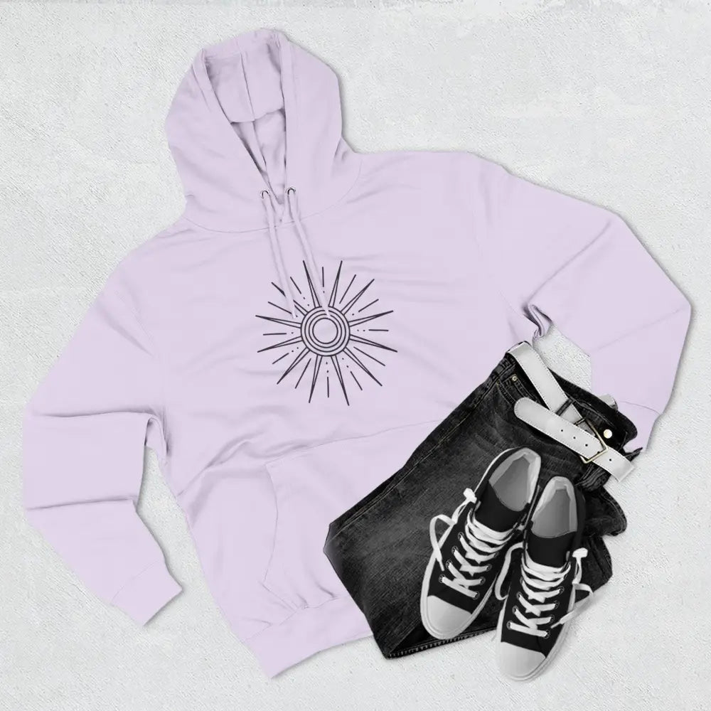 Light purple fleece hoodie with sunburst graphic and spacious kangaroo pocket for casual wear