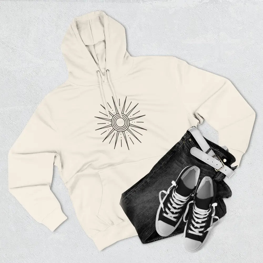 Cream-colored fleece hoodie with sun design, spacious kangaroo pocket, perfect for winter layering