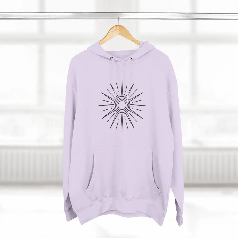 Light purple fleece hoodie with sunburst design and spacious kangaroo pocket for cozy winter wear