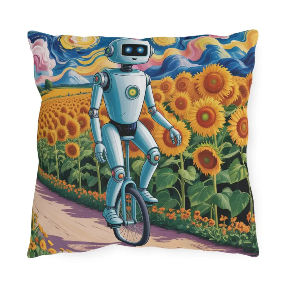 Decorative outdoor pillow with robot riding a unicycle through sunflowers, spot clean, perfect for garden decor