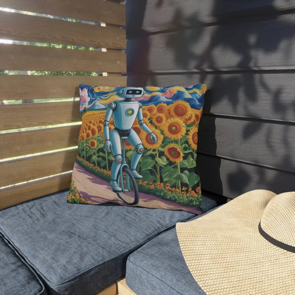 Decorative outdoor pillow with robot on unicycle in sunflower field, easy spot clean care