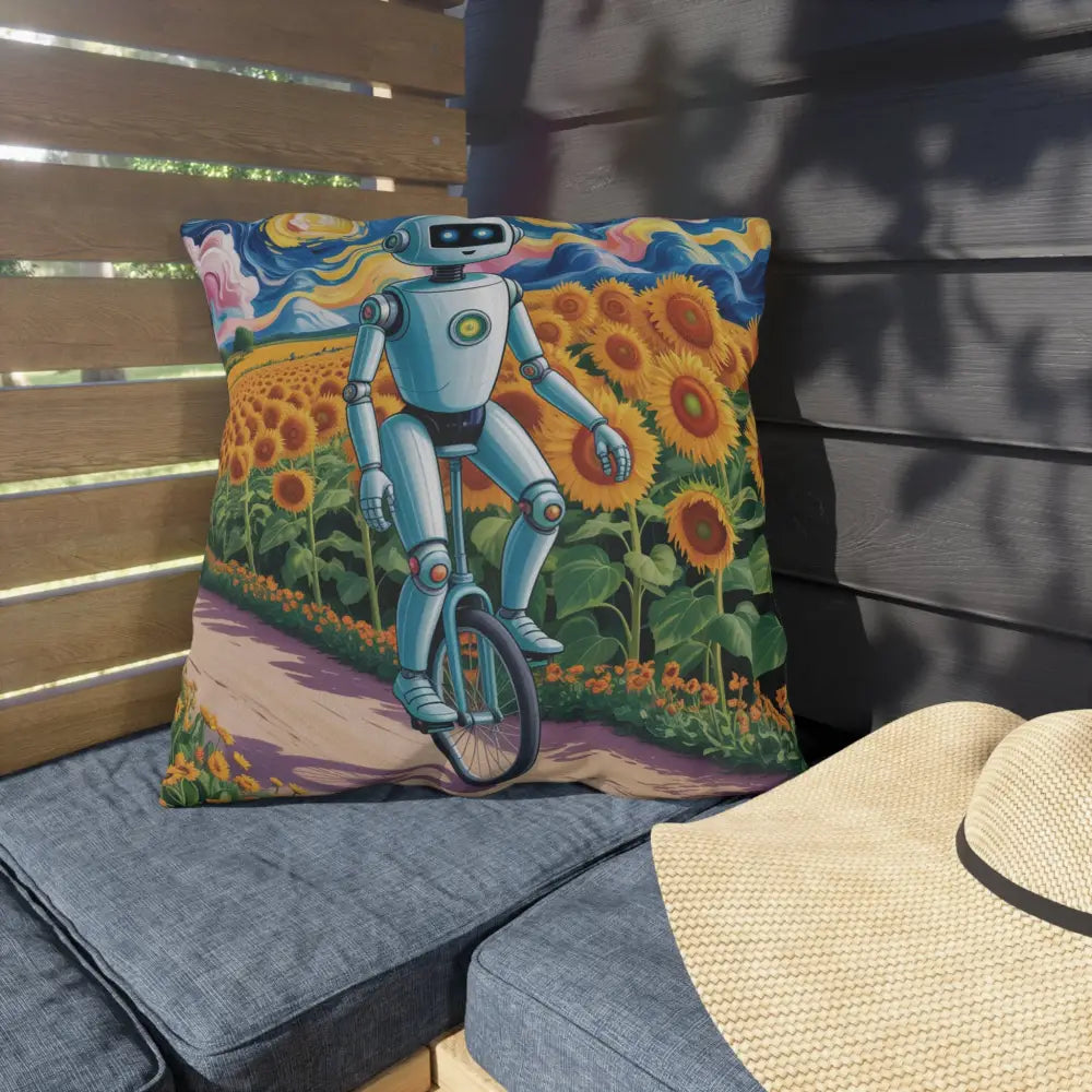 Decorative outdoor pillow with sunflower field and robot riding a unicycle, spot clean for care