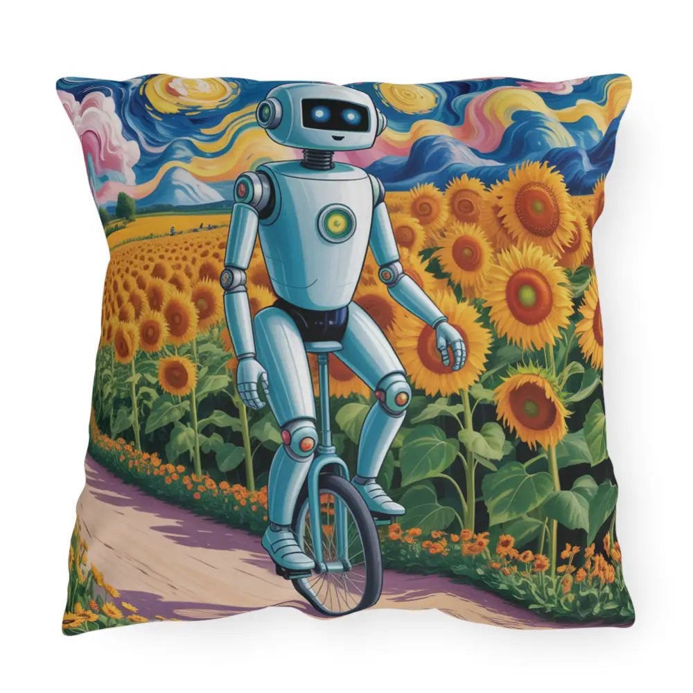 Decorative outdoor pillow with robot riding a unicycle in sunflower field, spot clean, garden decor