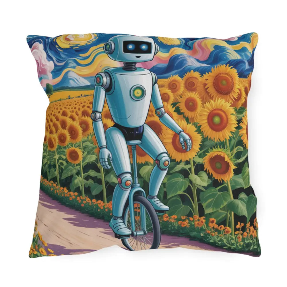 Decorative outdoor pillow with robot on unicycle in sunflower field, spot clean, summer vibes
