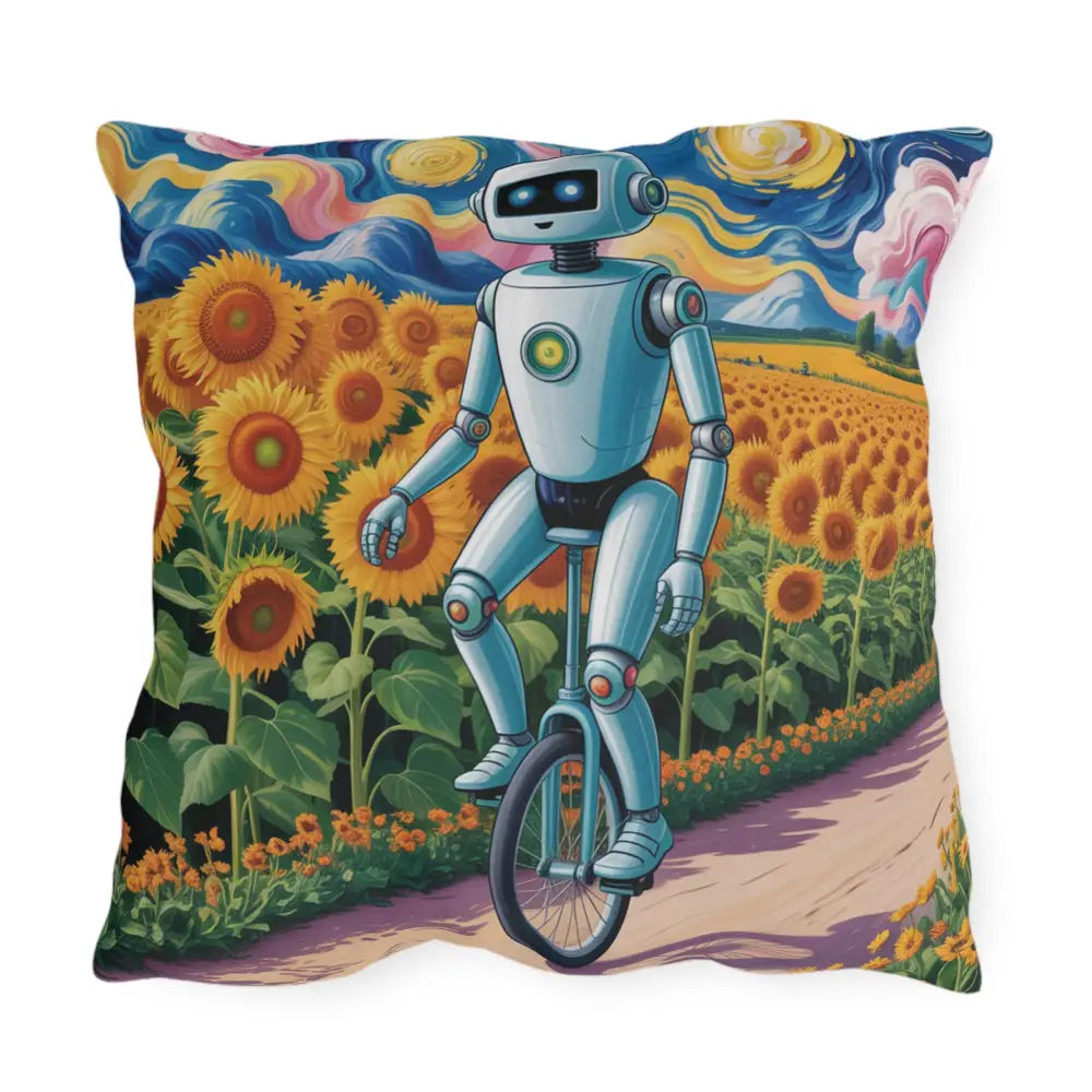 Decorative outdoor pillow with robot on unicycle in sunflower field, spot clean, garden decor