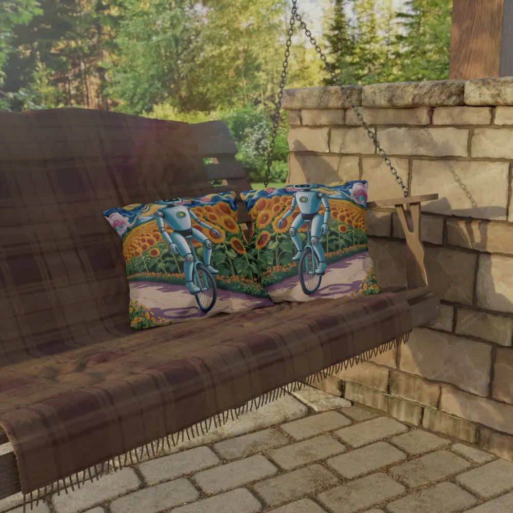 Brown plaid porch swing with decorative pillows, perfect outdoor pillows for summer vibes