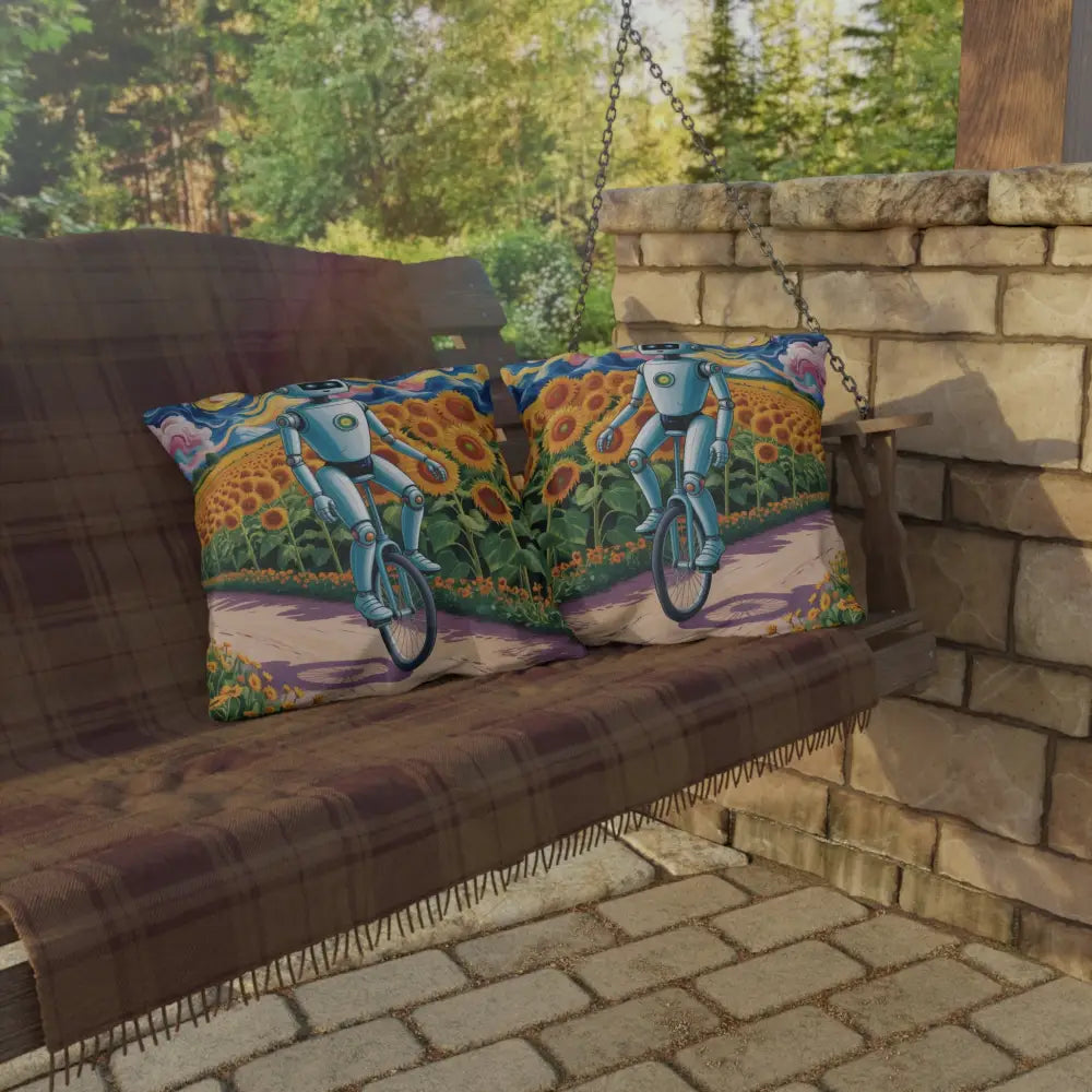 Wooden porch swing with Sunflower Robot outdoor pillows, perfect for summer garden decor