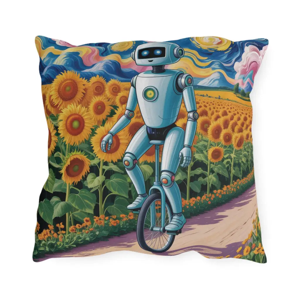 Decorative outdoor pillow with robot riding unicycle among sunflowers, spot clean, easy care