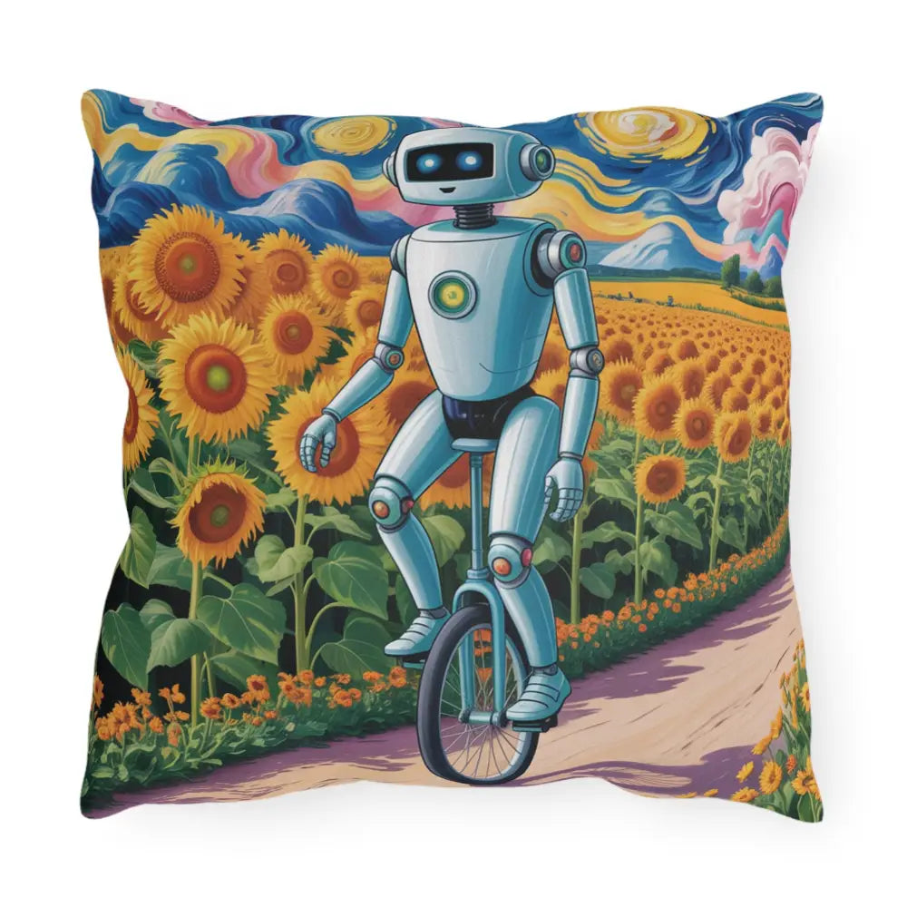 Square outdoor pillow with whimsical robot on unicycle in sunflower field, spot clean