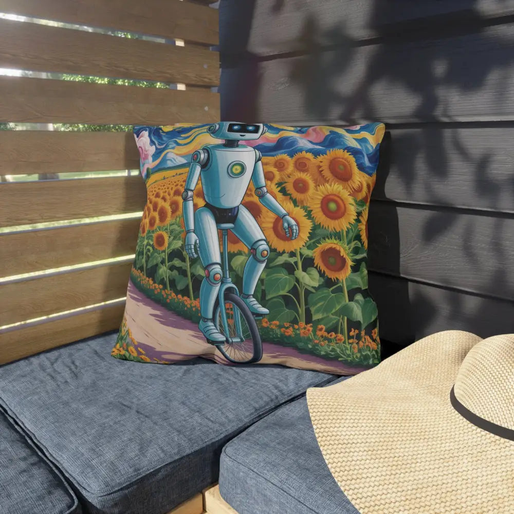 Decorative outdoor pillow with robot riding a unicycle in sunflower field, spot clean, garden decor