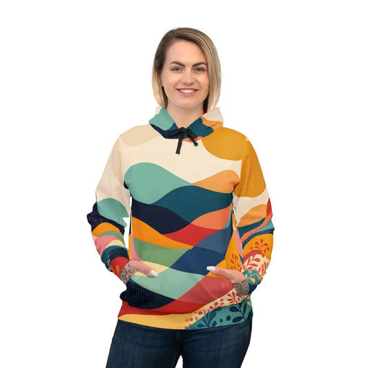 Colorful patterned Sunset Grove AOP Hoodie with abstract nature design for unisex wear
