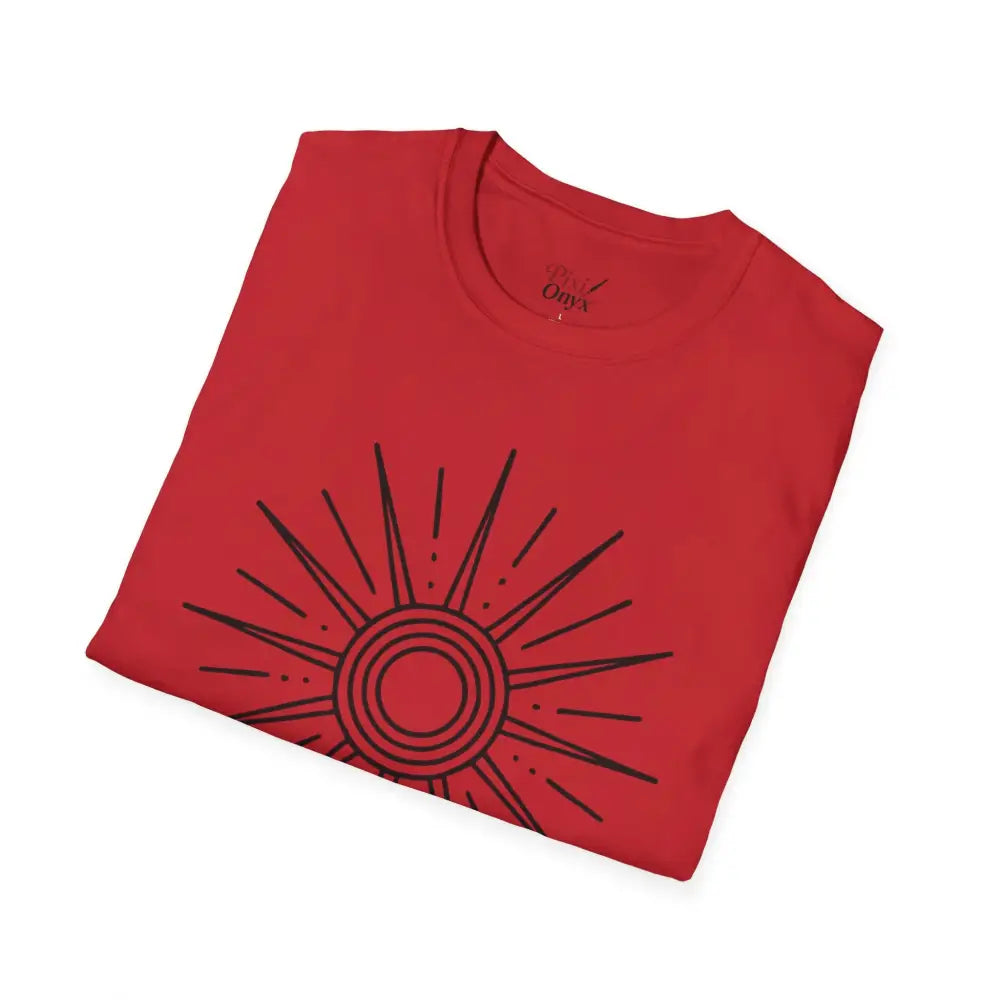 Red unisex softstyle T-shirt with black sun graphic, ideal for summer and outdoor activities