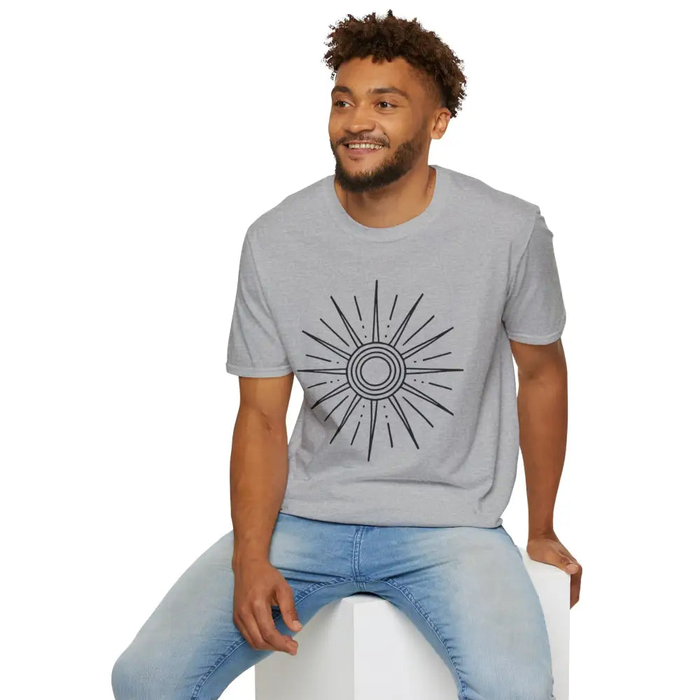 Smiling man in Sunshine Graphic Unisex Softstyle T-Shirt with sun design, casual summer wear