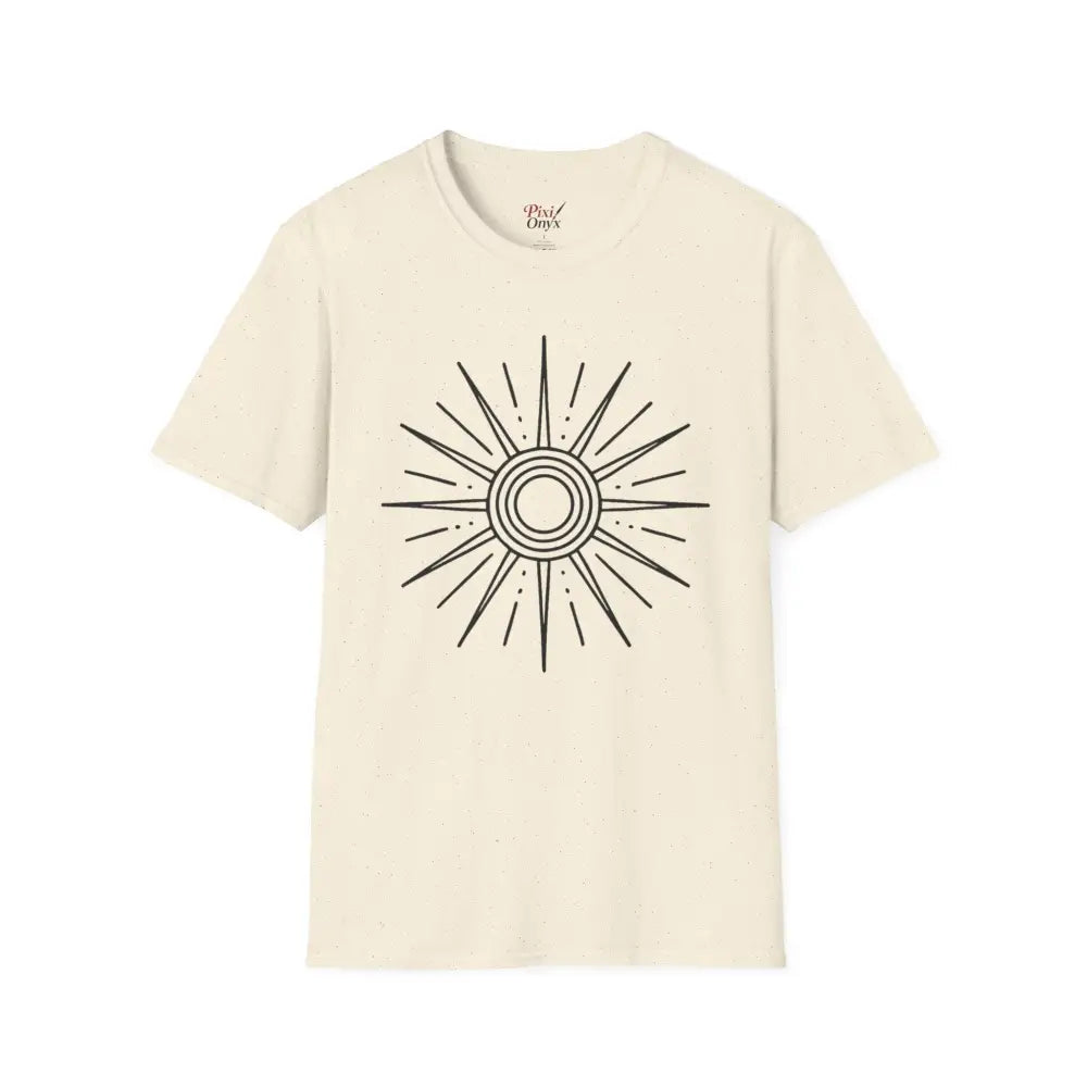 Cream-colored unisex softstyle T-shirt with black sun graphic, perfect for summer and outdoor adventures