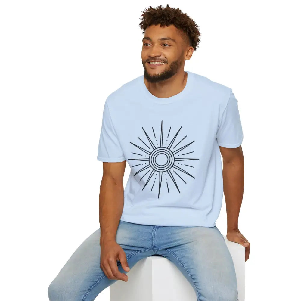 Light blue unisex softstyle T-shirt with sun graphic, perfect for summer and outdoor adventures