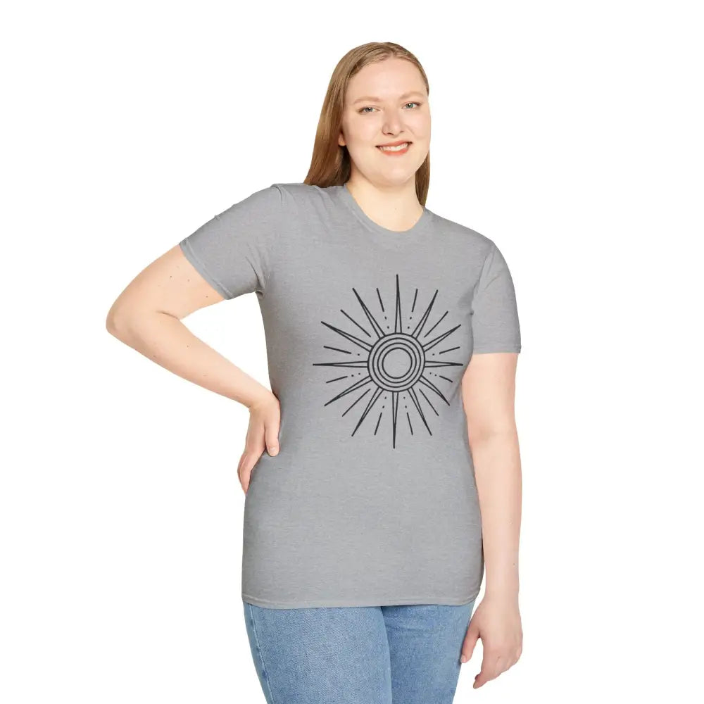 Women’s gray short-sleeve unisex softstyle T-shirt with black sun graphic, easy care