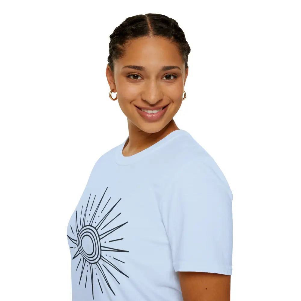 Light blue unisex softstyle T-shirt with black sunburst design, ideal for summer casual wear