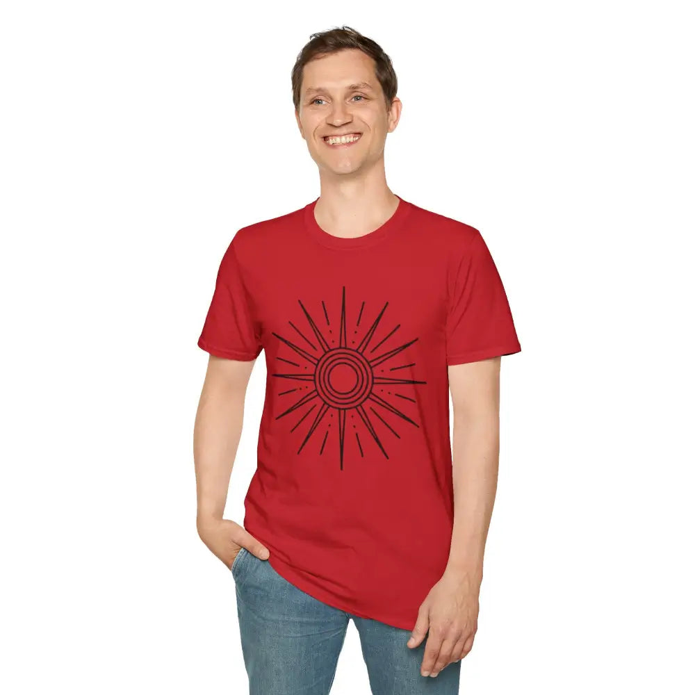 Unisex softstyle Sunshine Graphic T-Shirt with black sunburst design, low heat comfort