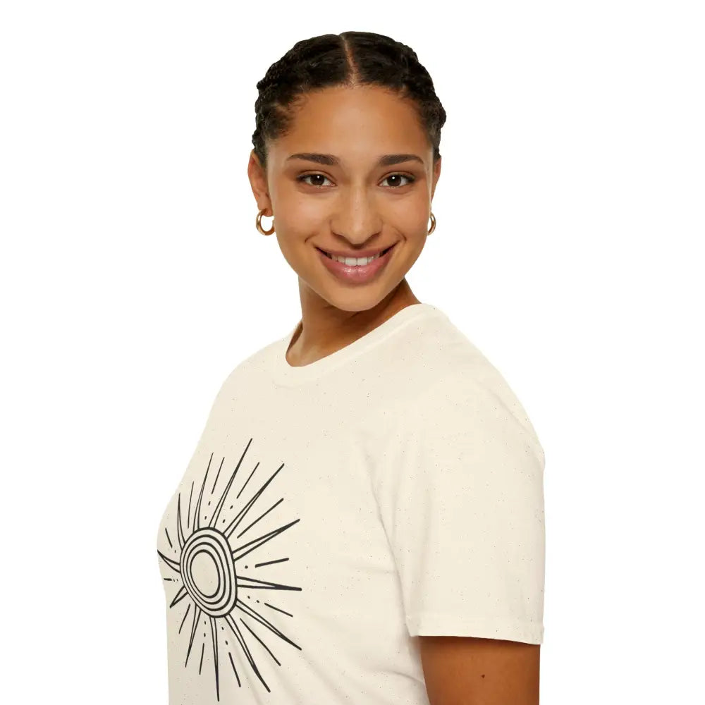 Woman with braided hair and hoop earrings smiling in Sunshine Graphic Unisex Softstyle T-Shirt