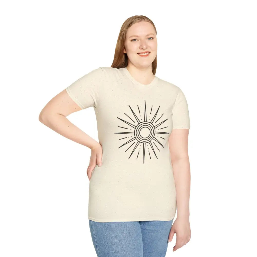 Light cream unisex softstyle T-shirt with black sun graphic, ideal for summer and outdoor adventures