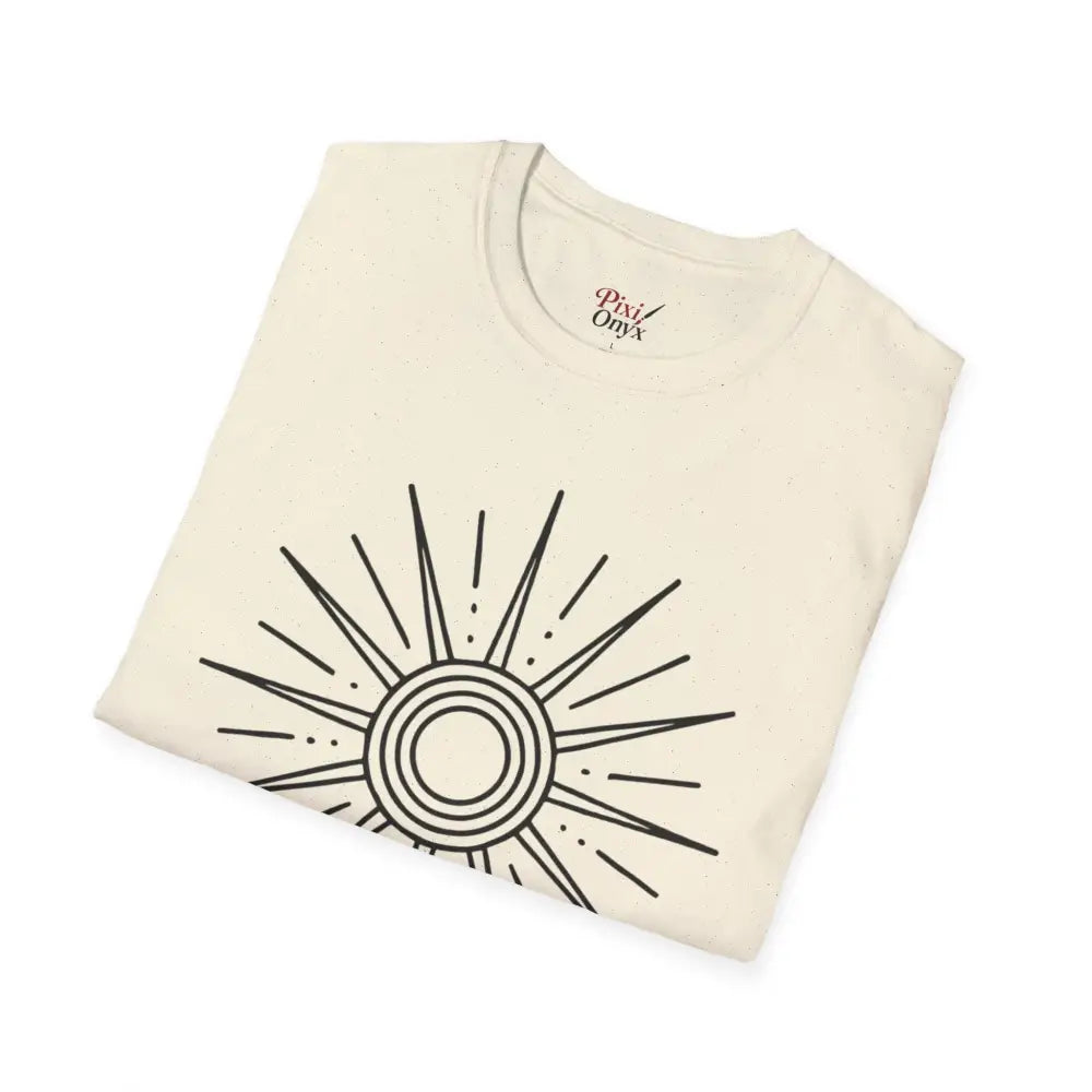Folded cream-colored unisex softstyle T-shirt with black sunburst graphic, low heat care