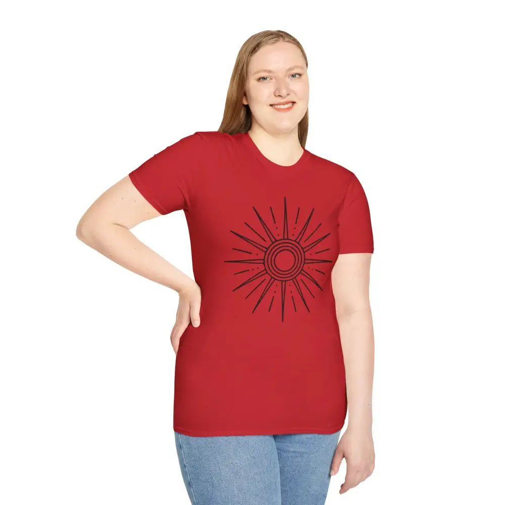Woman in a red sun design unisex softstyle T-shirt showcasing low heat comfort